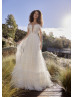 Off Shoulder Beaded Ivory Lace Gathered Tulle Wedding Dress